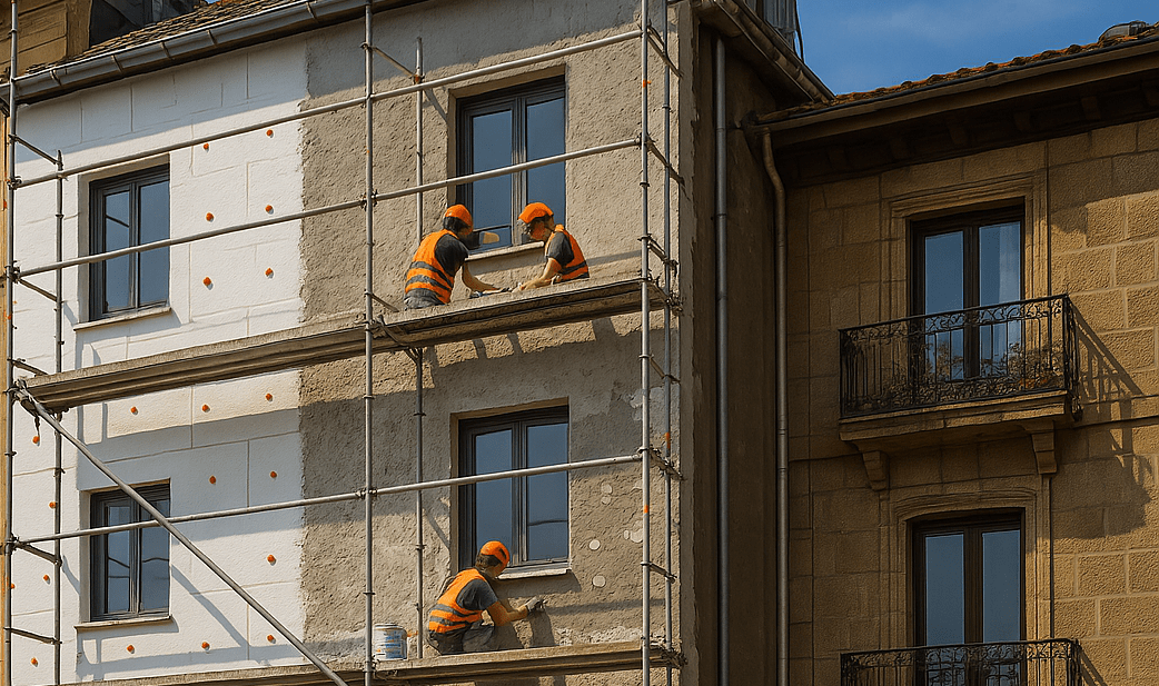 Fachada de edificio en San Sebastián durante la instalación del sistema SATE con andamios y trabajadores