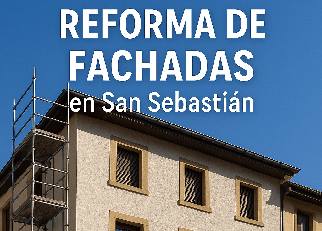 Fachada de edificio en San Sebastián durante una reforma con andamios y acabado renovado en tonos beige y gris.