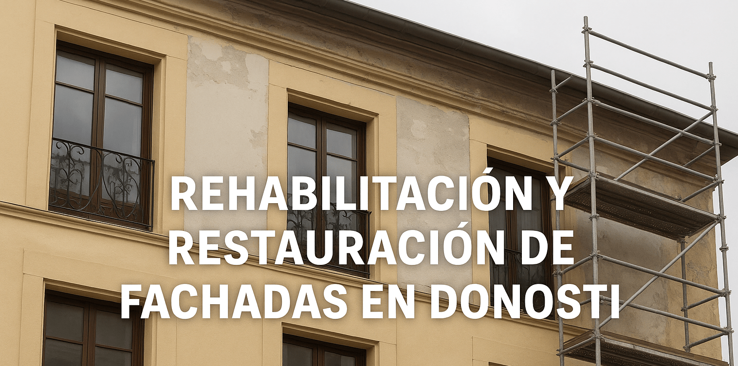 Fachada de edificio en Donosti en proceso de rehabilitación y restauración con andamios metálicos.