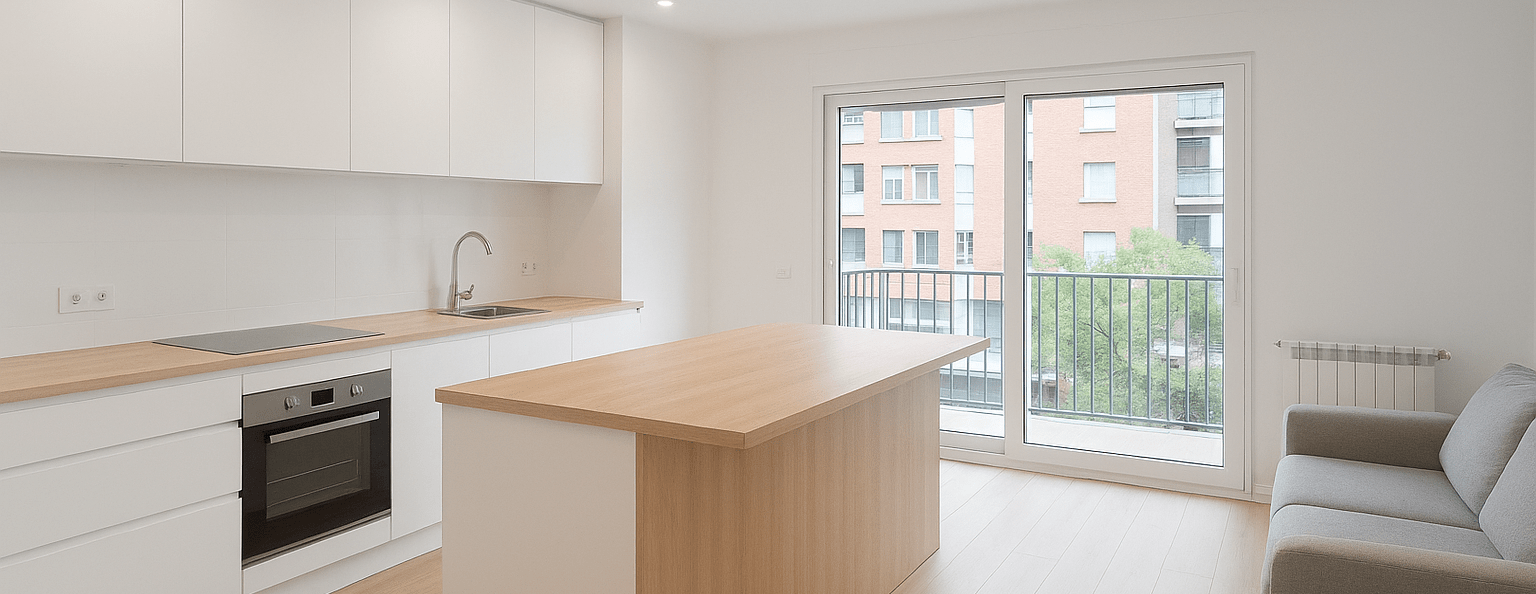 “Cocina y salón renovados con diseño moderno en una reforma integral en Irún realizada por Obras Amber.”