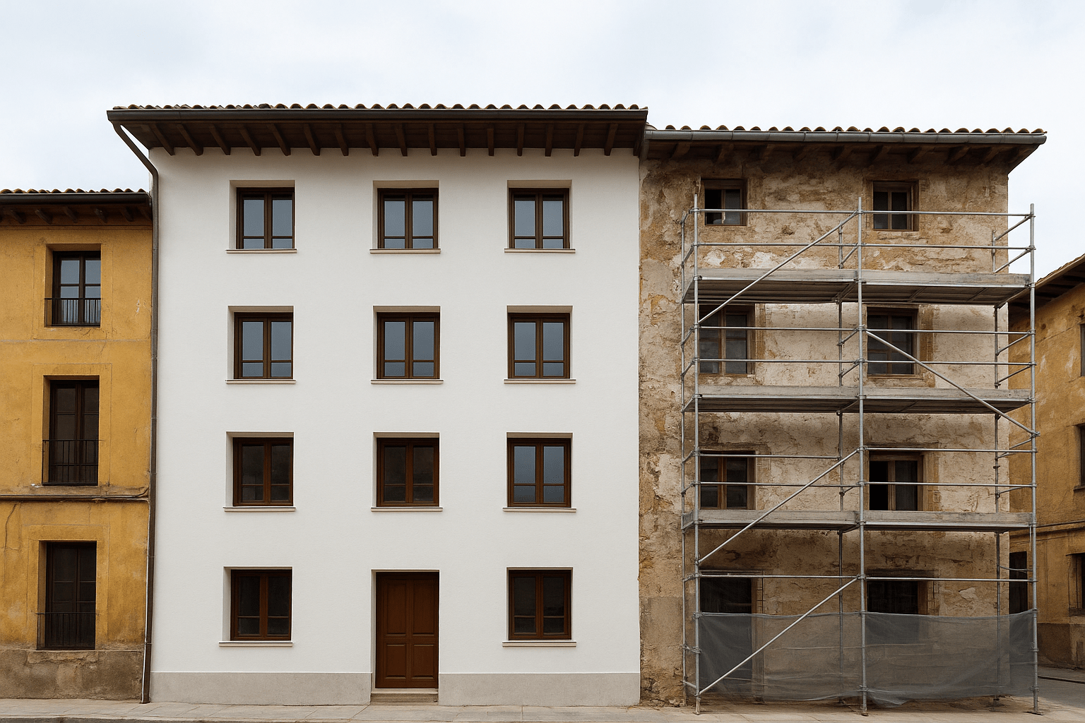 Edificio en Euskadi con parte restaurada y parte en proceso de rehabilitación de fachada mediante sistema SATE, realizado por Obras Amber, especialistas en aislamiento térmico y mejora de la eficiencia energética.